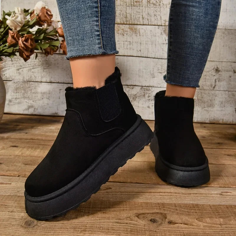 2024 Winter Women Short Plush Warm Snow Boots Casual Shoes New Suede Fur Chelsea Ankle Boots Flats Platform Ladies Shoes Botas
