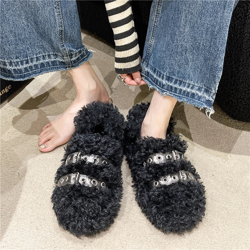 Chaussures pour femmes Automne Mocassins à enfiler Fourrure Chaussures féminines Baskets décontractées Bout carré Ouverture peu Automne À enfiler Robe d'hiver Blanche