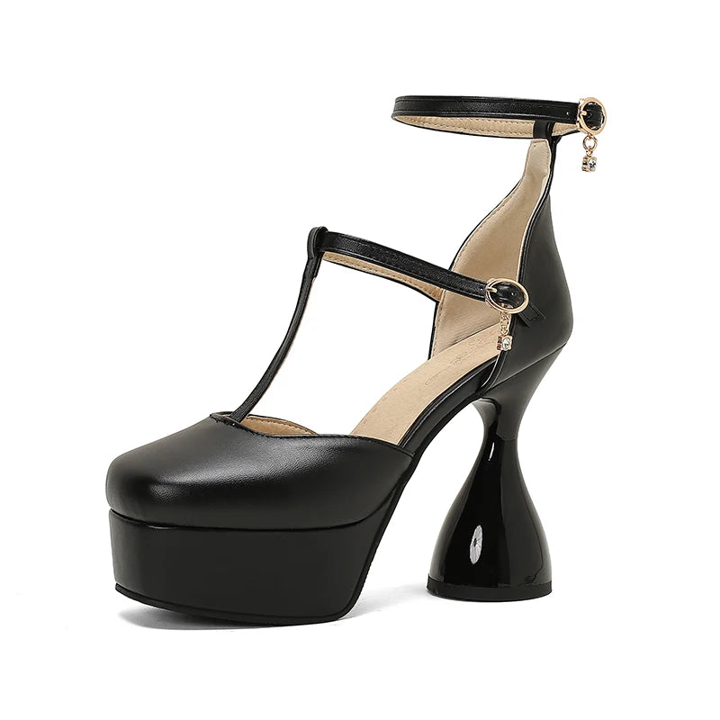 Plus Size T-Strap Ankle Buckle Narrow Band Ultra-High Irregular Heel Fashion Sandals Square Toe Hollow Sexy Women's Sandals