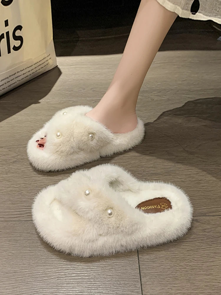 Med Shoes Womens Slippers Outdoor Slides Pantofle Flock Platform Fur Flip Flops 2024 Flat Plush Autumn Fabric Rome Shoes House S