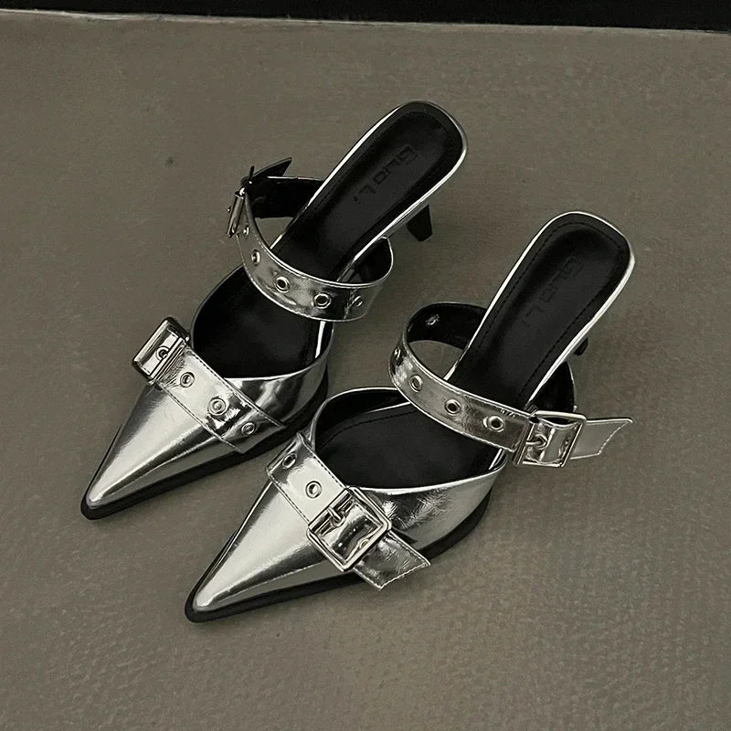 Punk Goth Metal Buckle High Heels Women's Sandals Summer 2025 Pointed Toe Silver Party Shoes Fashion Womens Pumps Shoes Tacones
