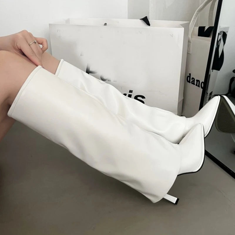 Party Modern Ladies Knee High Boots Pointed Toe Fashion Pleated Western Women Long Boots Shoes Female Pumps Heels Shoes