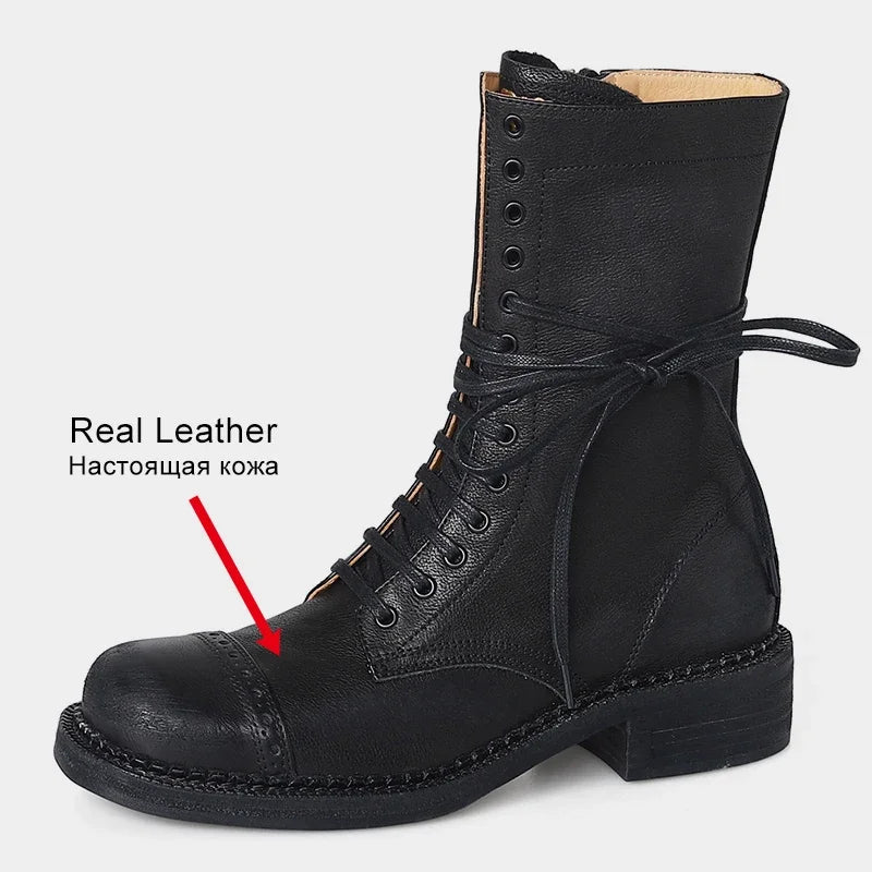 JOZHAMTA Taille 34-42 Femmes Bottines Hautes En Cuir Véritable À Lacets Talons Épais Chaussures Automne Hiver Plateforme Chelsea Bottines Courtes