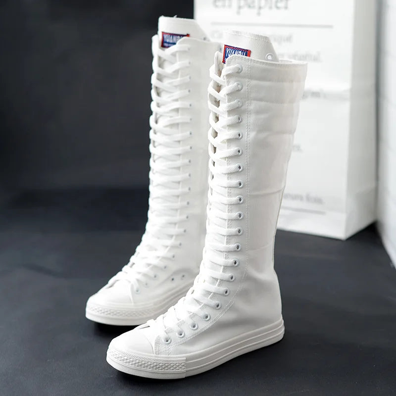 Spring Autumn Women Shoe Canvas Casual High Top Shoes Long Boot Lace-Up Zipper Comfortable Flat Boot Sneakers Tenis Feminino