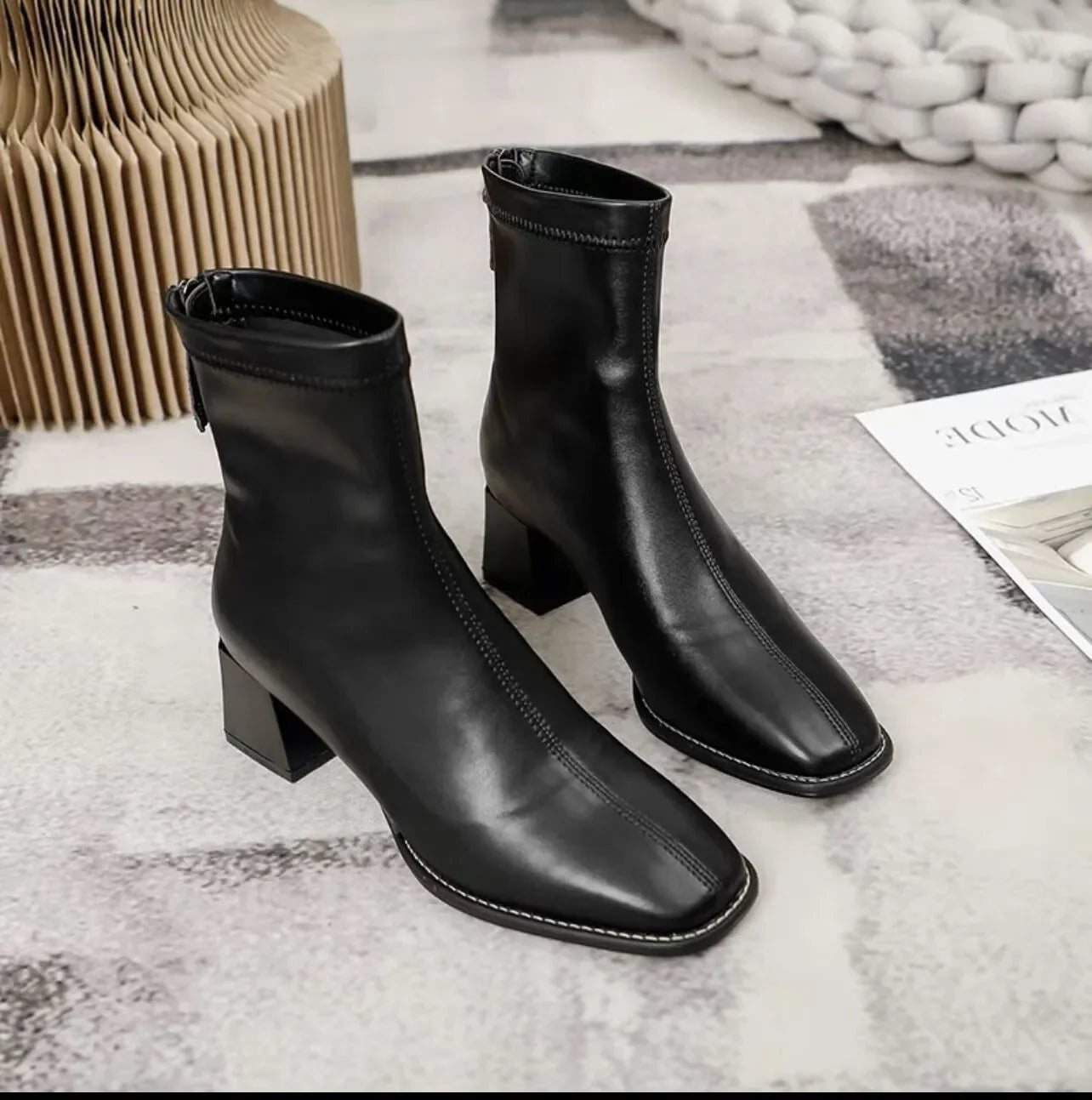 Square toe women ankle boots flock stretch shoes thin mid heels black/brown/beige back zipper dress sock boots woman size 34-40