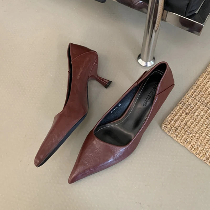 SUOJIALUN New Brand Women Pumps Shoes Fashion Pointed Toe Shallow Slip On Dress Single Shoes Ladies Thin High Heel Dress Pumps