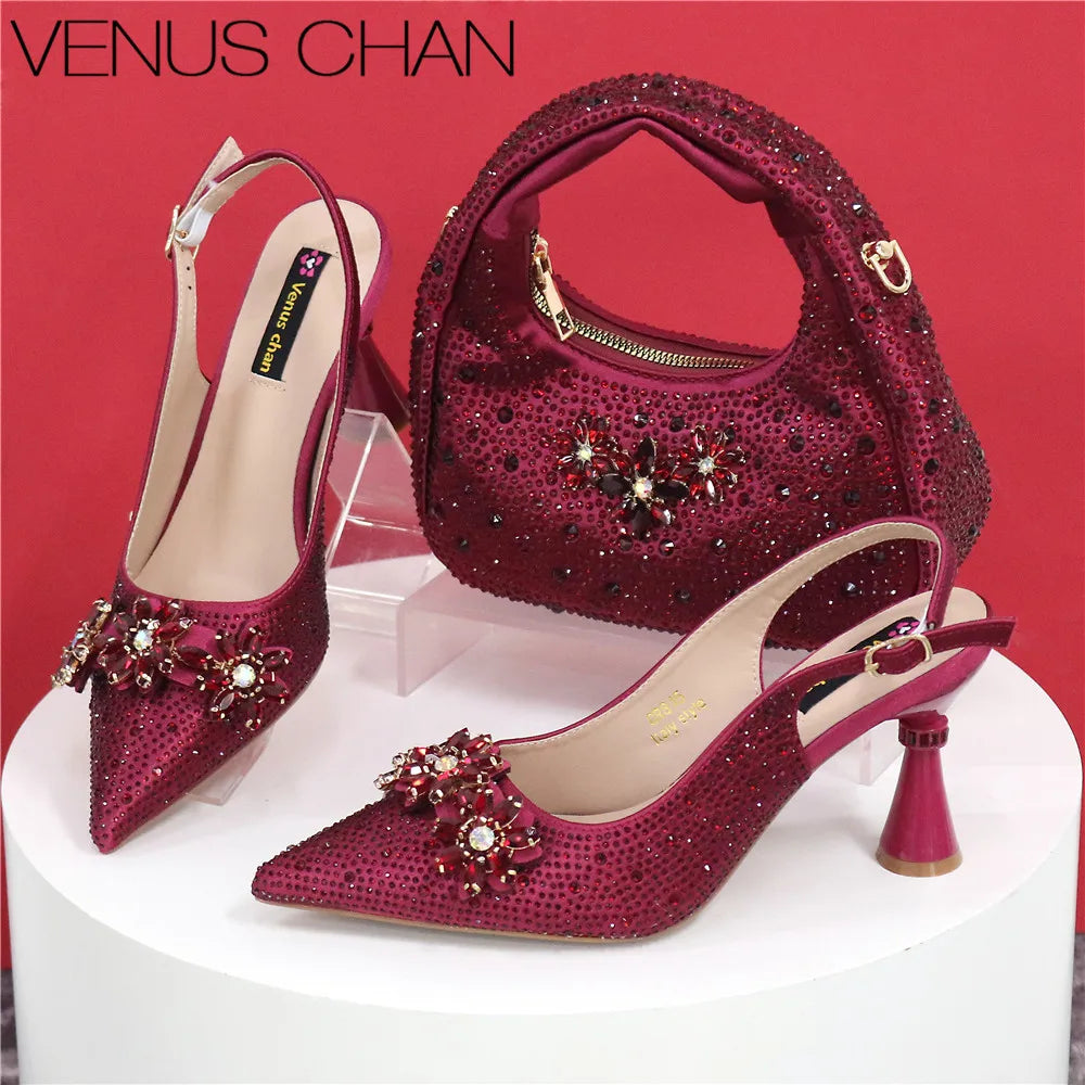 Popularity Pointed Toe High Heels Shoes and Bags Set With Rhinestone for Women Wedding Party Elegant Luxury Fashion