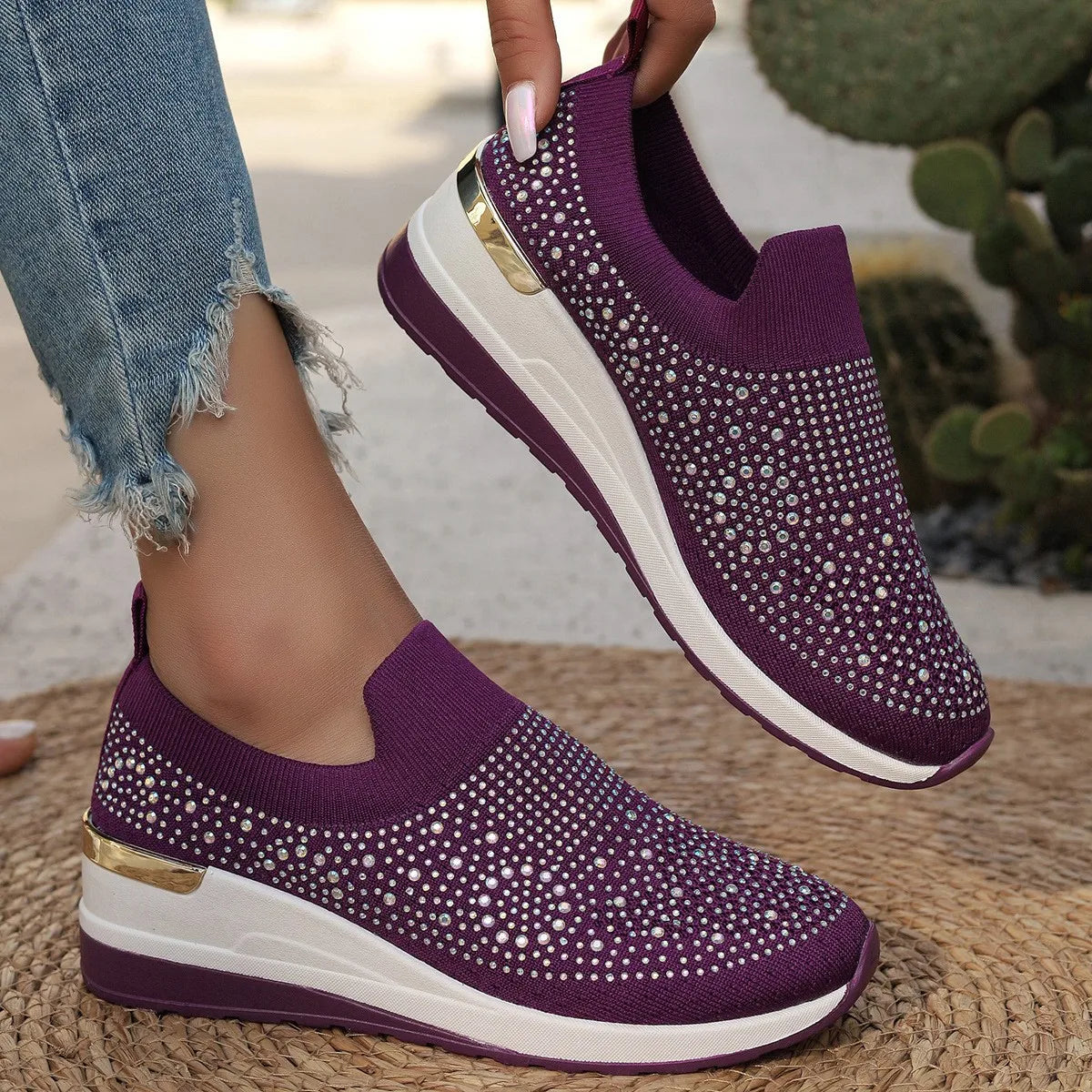Orange Rhinestone Casual Sneakers Breathable Wedge Women Lightweight Shoes Slip On 2024 New Comfortable Spring Mesh Sports Shoes