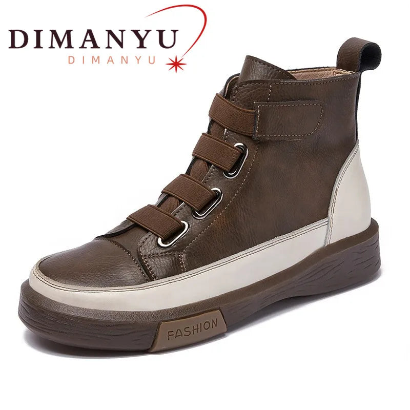 DIMANYU Femmes Chaussures D'hiver Bottes Plates En Cuir Véritable Rétro Cravate Avant Style Britannique Dames Bottes Tendance Fille Étudiante