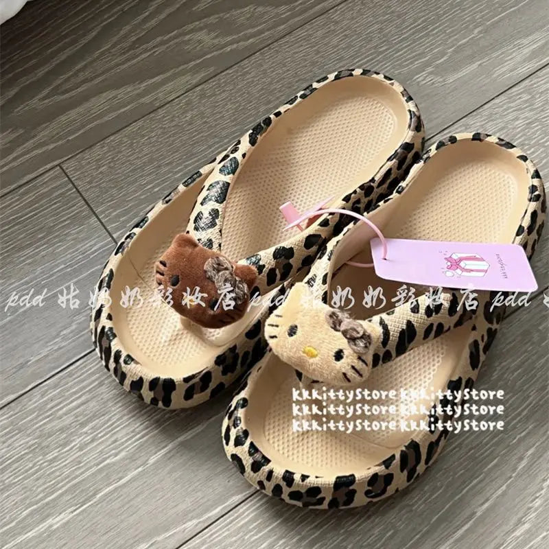 Y2K Spicy Girl Style Hello Kitty Leopard Print Flip Flops, Sanrio New Soft Sole Stepping Stool Feel Slippers, Casual Beach Shoes