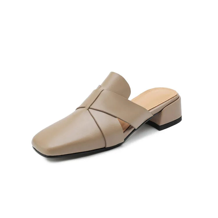 NEW Summer Women Mules Genuine Leather Shoes for Women Cover Toe Chunky Heel Slippers Concise Square Toe Handmade Modern Sandals