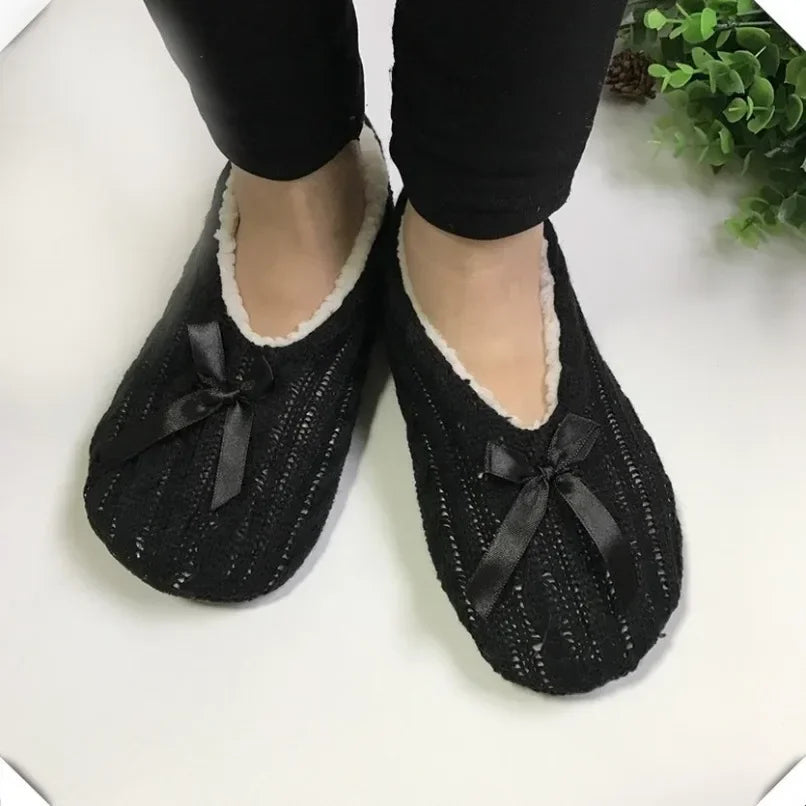 Home Slipper Womens Winter Room Plush Warm Thick Faux Fur Non Slip Bow Knot Grip Funny Indoor Fluffy Floor House Shoes Female