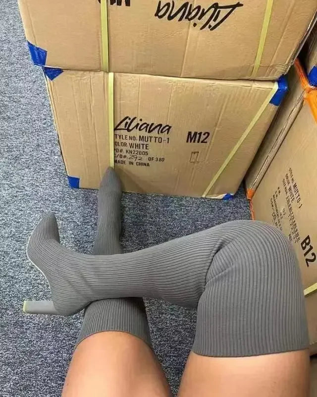 Woman Over The knee Boots Winter Thigh Knitted Elastic Socks Shoe Warm Sexy Stilettos Heels Pointed Long Boots 35-43 botas mujer