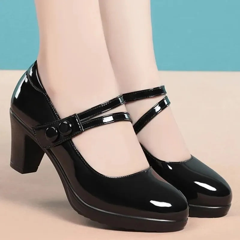 Cresfimix Women Cute Round Toe Black Patent Leather Height Increased Heel Shoes Lady Casual Street Spring Autumn Heel Shoes A818
