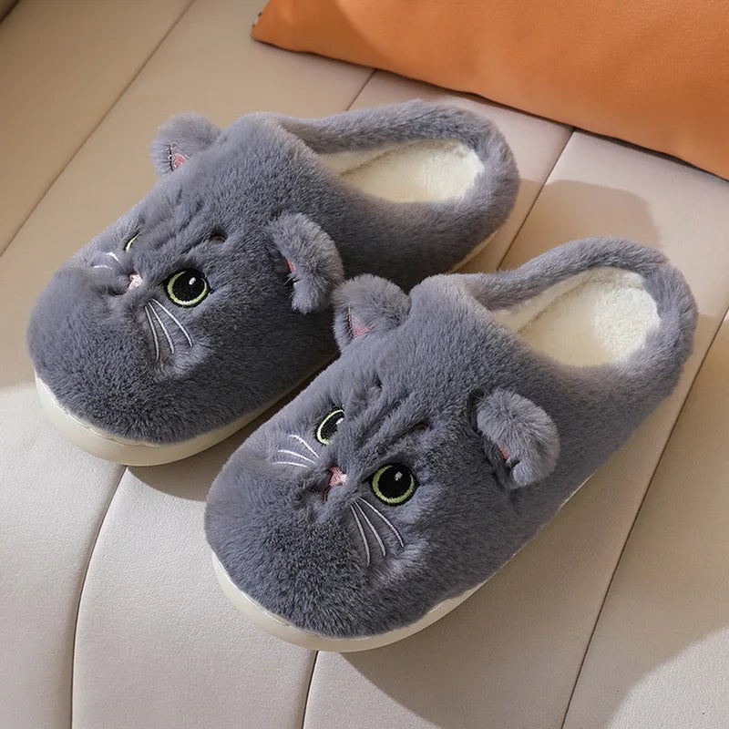 Cute Cartoon Cat Slippers Fluffy Home Thick Platform Slippers Women Men Winter Warm Plush Slides Indoor Lovely Cotton Shoes