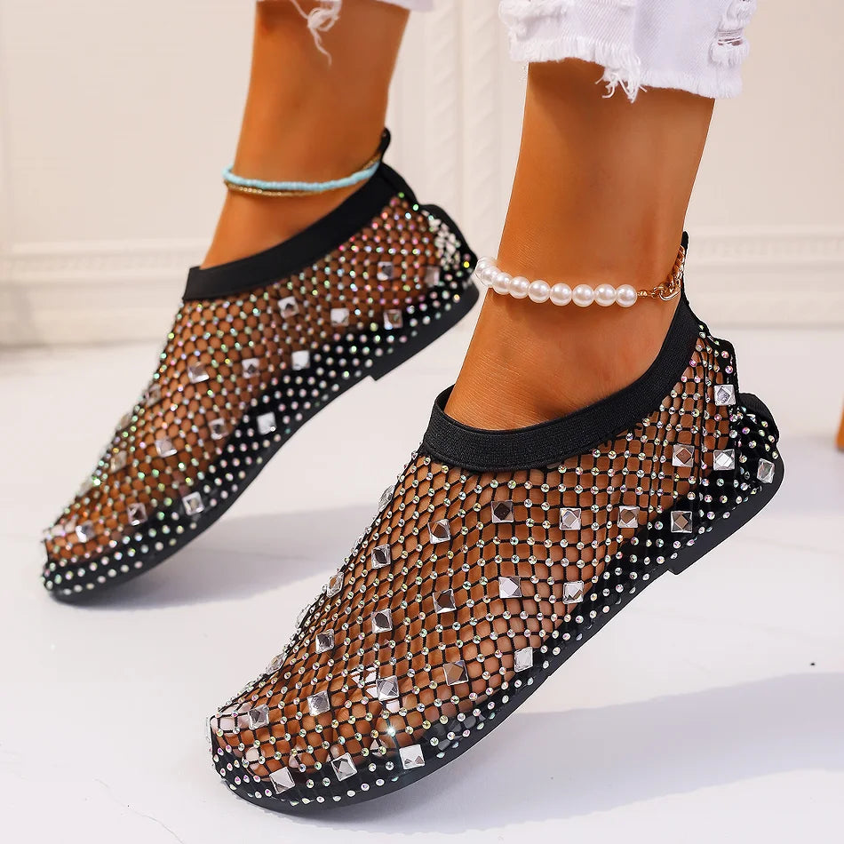 Summer Women's New Round Toe Flat Bottom Sandals Hollow Short Boots Water Diamond Sexy Flat Bottom Fashion Banquet Sandals