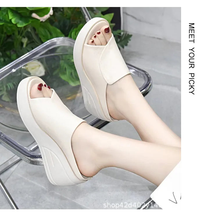 Sandales pour femmes, pantoufles noires à plateforme compensée, bout ouvert, orthopédiques, semelle épaisse, chaussures de plage à talons hauts