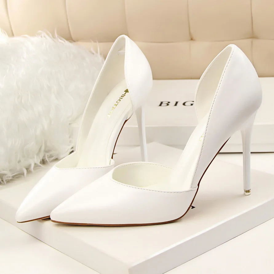 Summer Women 10.5cm High Heels Leather Pumps Female Escarpins Elegant Sweet Yellow Pink Stiletto Lady Wedding Heels Hollow Shoes