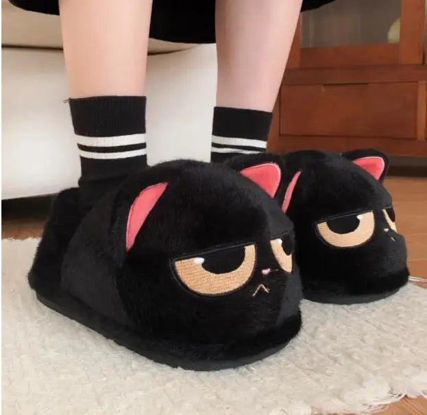 Chaussons d'hiver en coton motif chat noir pour homme et femme, chaussons chauds et antidérapants, pour couple, collection 2024