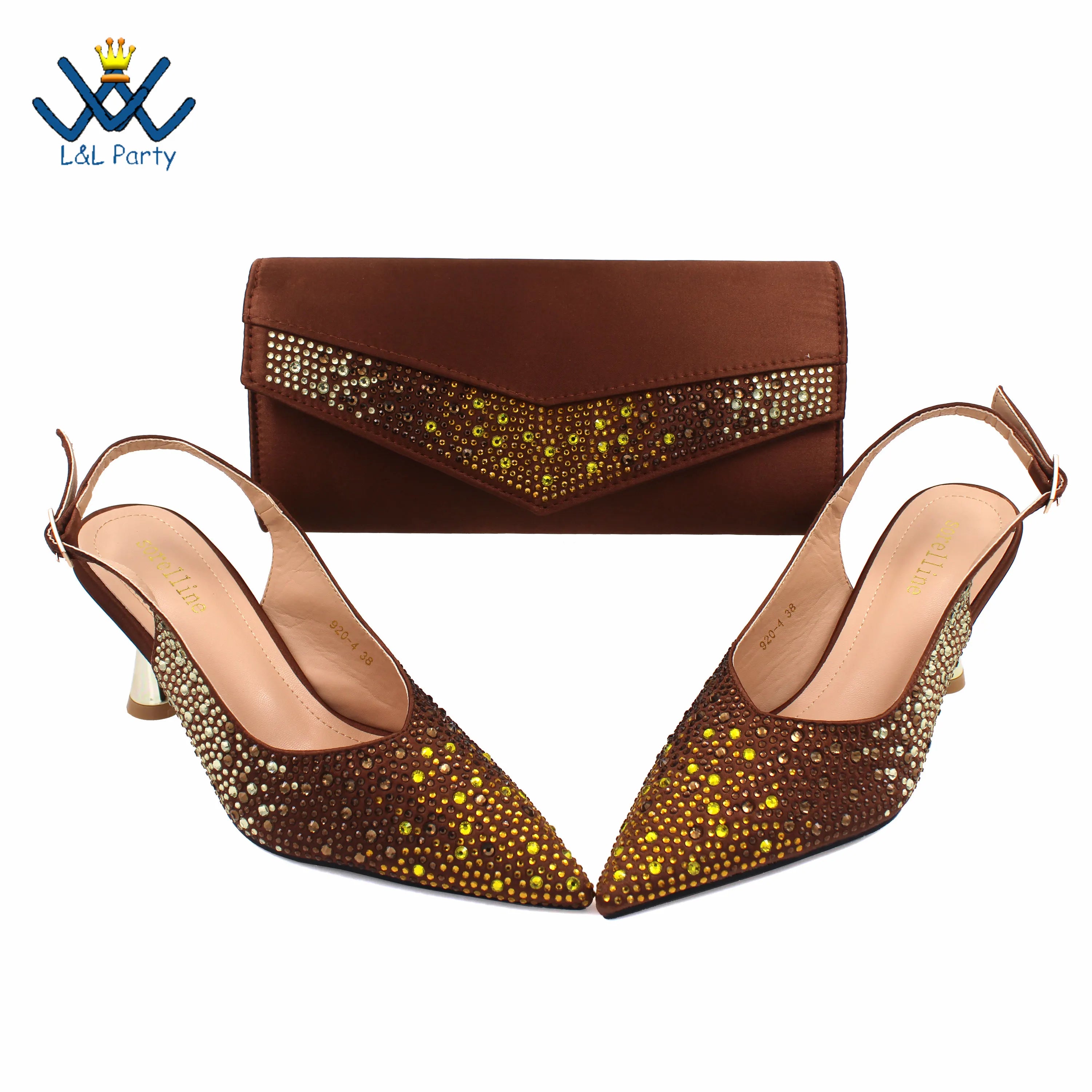 Coffee Color Fashion Italian Women Shoes and Bag Set High Quality New Full Shinning Crystal Slingbacks Pumps for Wedding