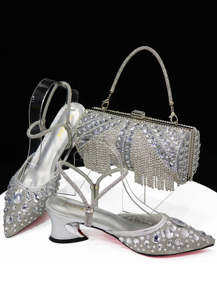Fashion Gold Color Slippers Nigerian Party Italian Design Ladies Shoes and Bag Set Decorated With Rhinestone and Metal