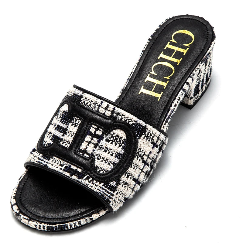 CH middle heel square heel slippers fabric fashion casual shoes luxury brand slippers girls street commuter slippers