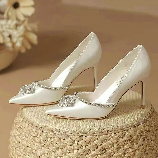 2025 Elegant Wedding Shoes Bridal Shoes White Rhinestone High Heels Bridesmaid Pumps