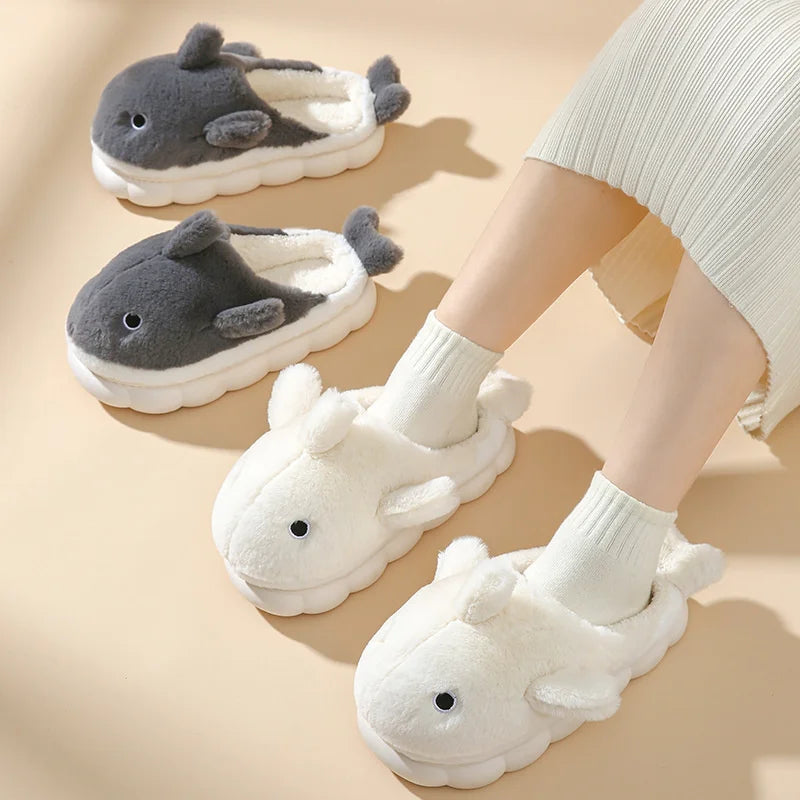 Cute Whale Cotton Home Slippers For Female 2023 Winter Couple Indoor Household Shark Thick Sole Men's Winter Cartoon Slippers