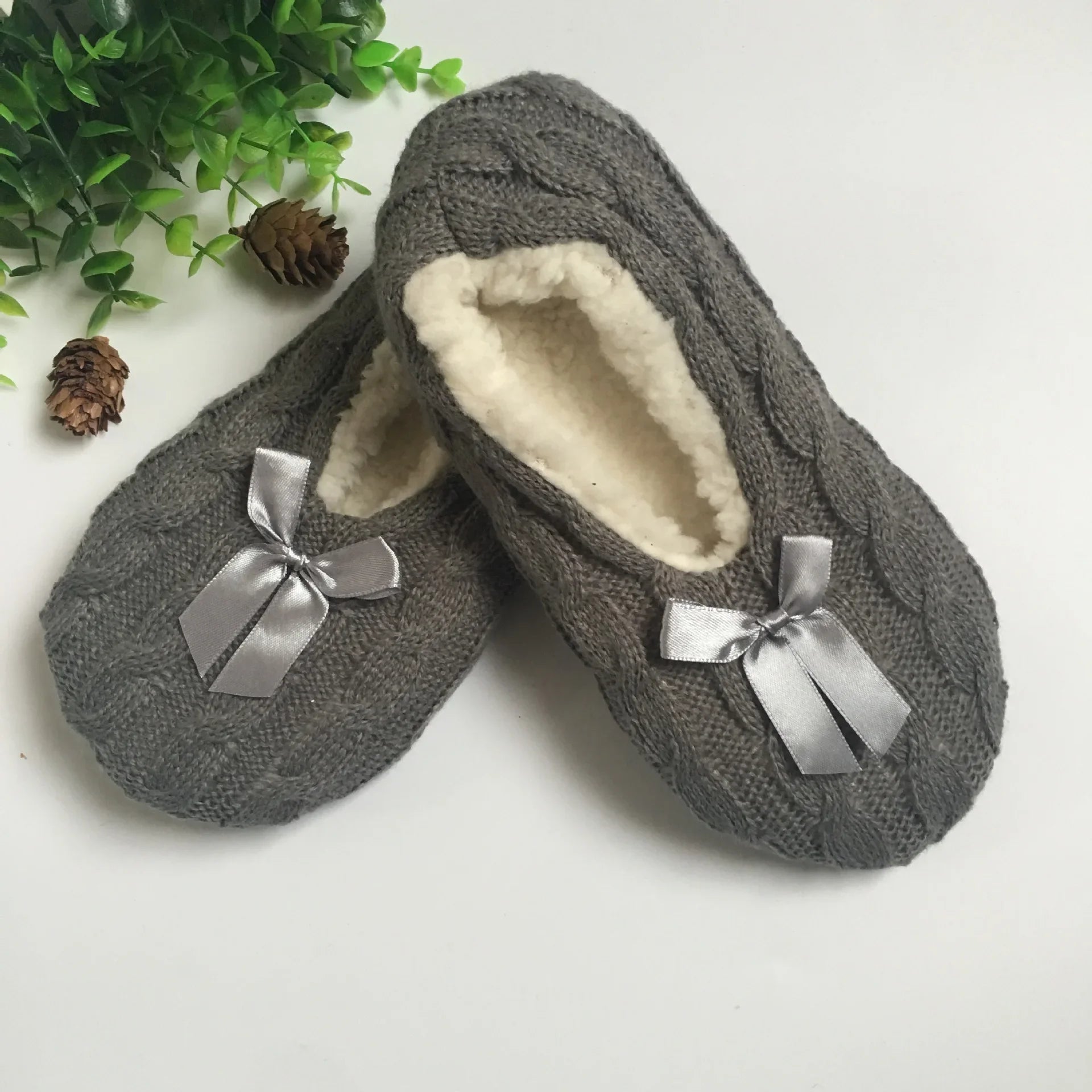 Home Slipper Womens Winter Room Plush Warm Thick Faux Fur Non Slip Bow Knot Grip Funny Indoor Fluffy Floor House Shoes Female