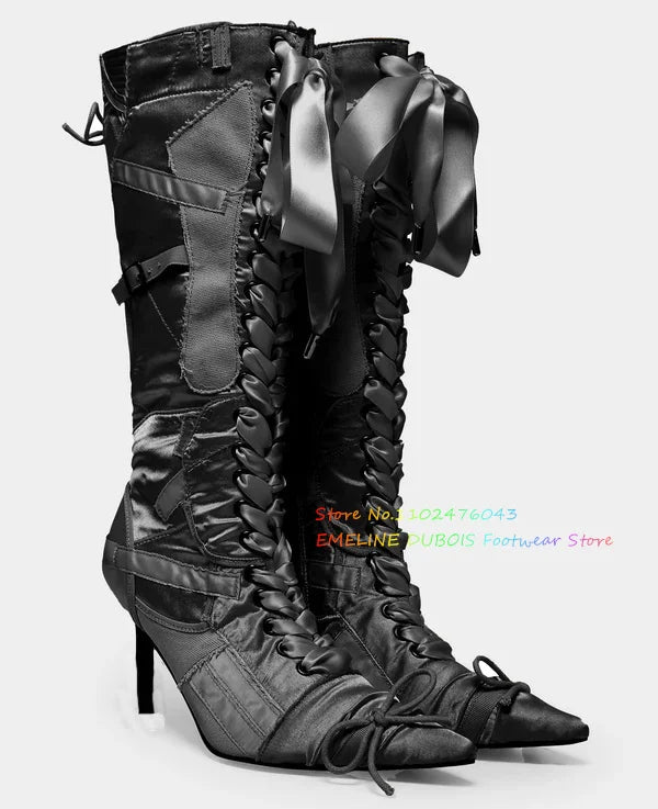 Nude and Pink Stain Knee High Boot Women Pointy Toe Eyelet Ribbon Decorative Laces Up Side Zipper Low Heel Girl Ballet Shoes