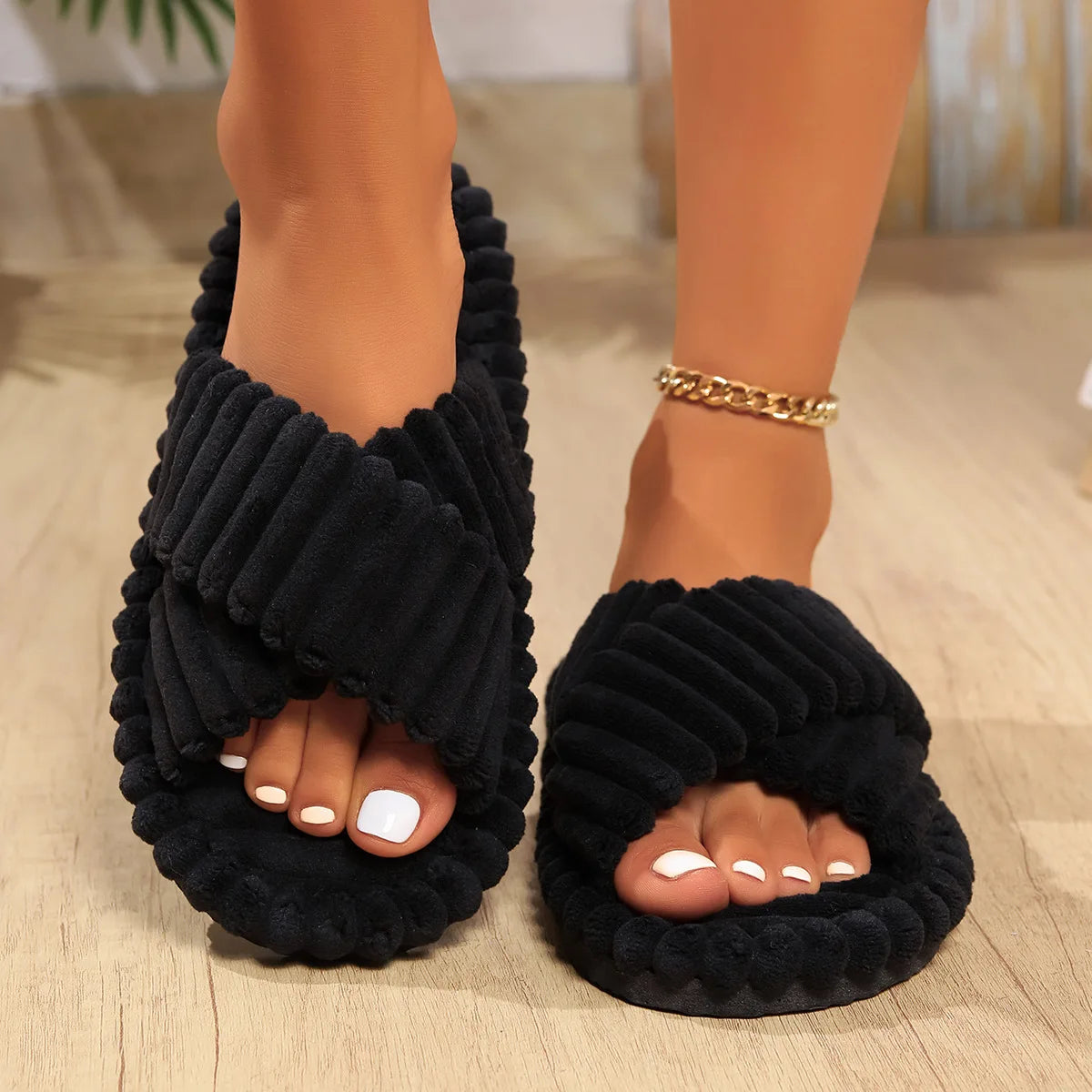 Women's Bow knot Slippers Four Seasons Home Shoes Indoor Corduroy Soft Leisure Comfortable Living Room Non slip Flip flop 