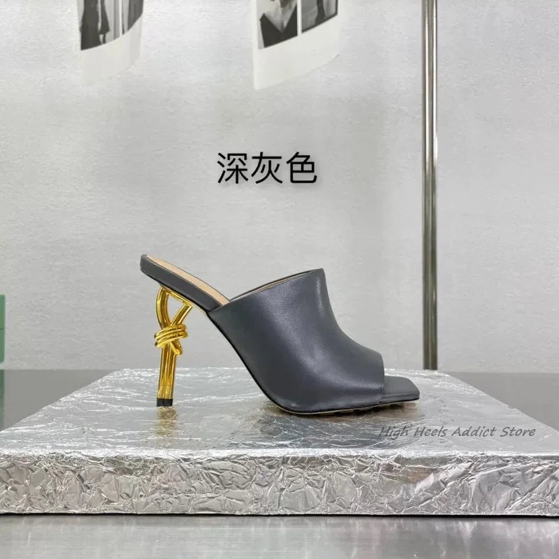 2024 Runway New Square Toe Leather Slippers Strange Style High Heels Colorful Mules Women's Luxury Designer Party Brand Shoes