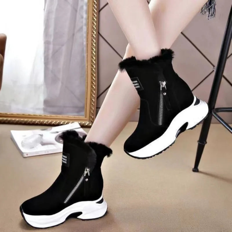 Wedge Shoes Leather Snow Boots Woman Winter Boots Warm Women's Shoes Mid-Calf Ladies Platform Booties
