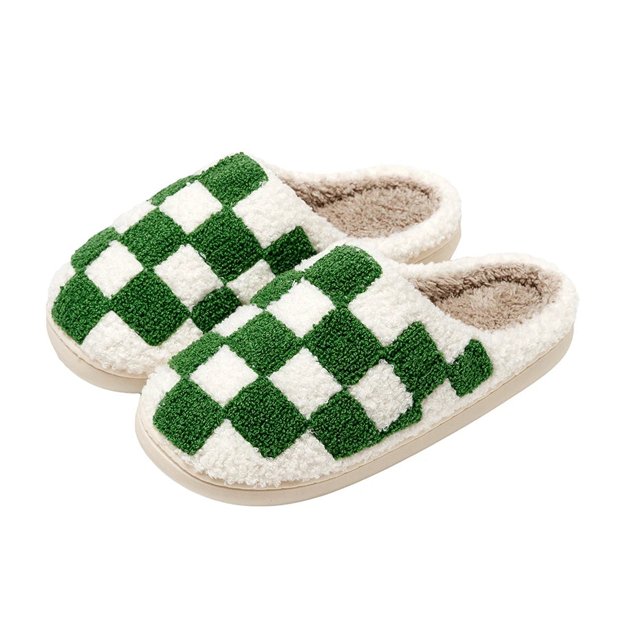 Retro Checkered Plush Slippers for Women Fuzzy Checker Cozy Winter Indoor Comfort Fluffy Breathable Cushion Slides Soft Shoes