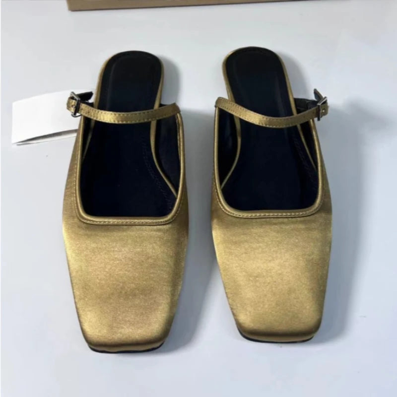 Summer Flat Sandals Woman 2025 New Square Toe Buckle Strap Breathable Satin Leisure Slingbacks Chic Mules Shoes for Ladies