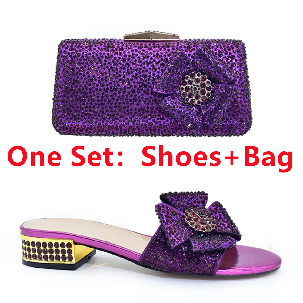 Italian Shoes and Bags Matching Set Decorated with Rhinestone Shoes for Women 2024 Designer Luxury Low Heels Slip On Party Pumps