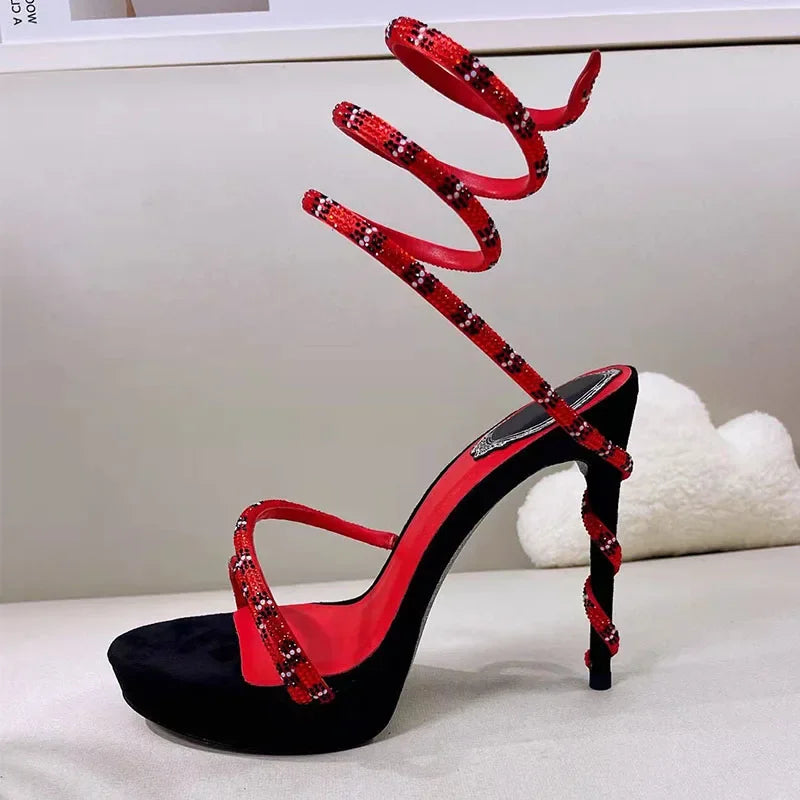 Summer Platform Sandals Woman Rhinestone Ankle Snake Twine Around Wedding Shoes Women High Heels Gladiator Sandals Women