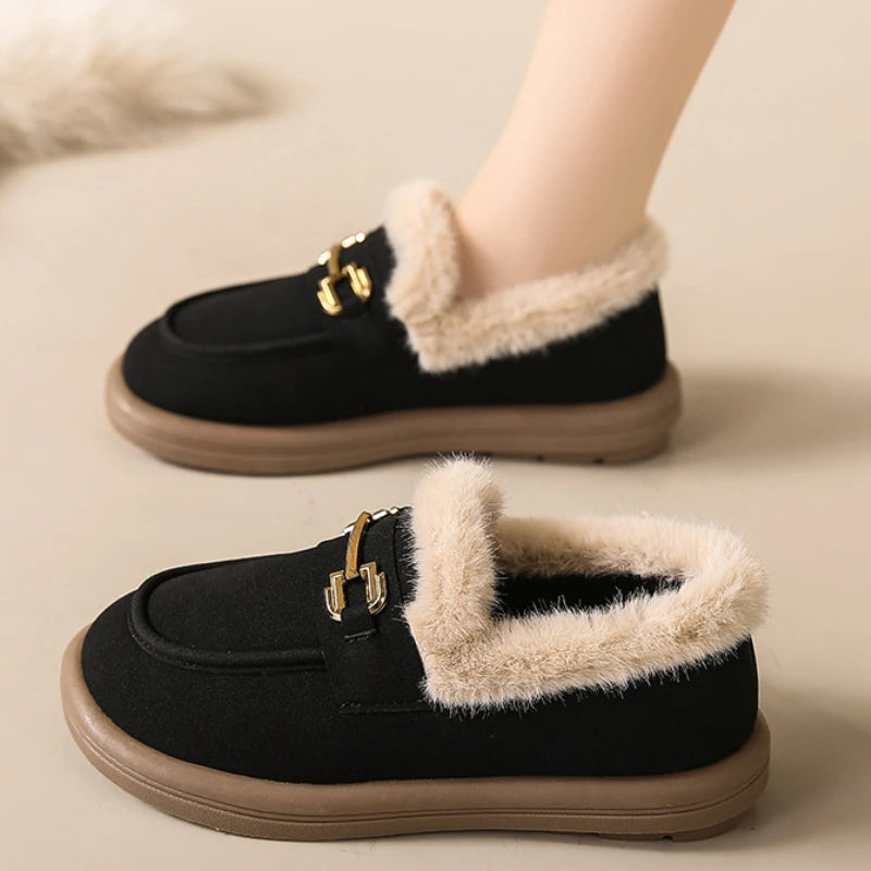 Chaussons plats d'hiver pour femmes, chaussures de marche épaisses et élégantes, polyvalentes et décontractées, chaussures en coton pour paresseux pour un pied