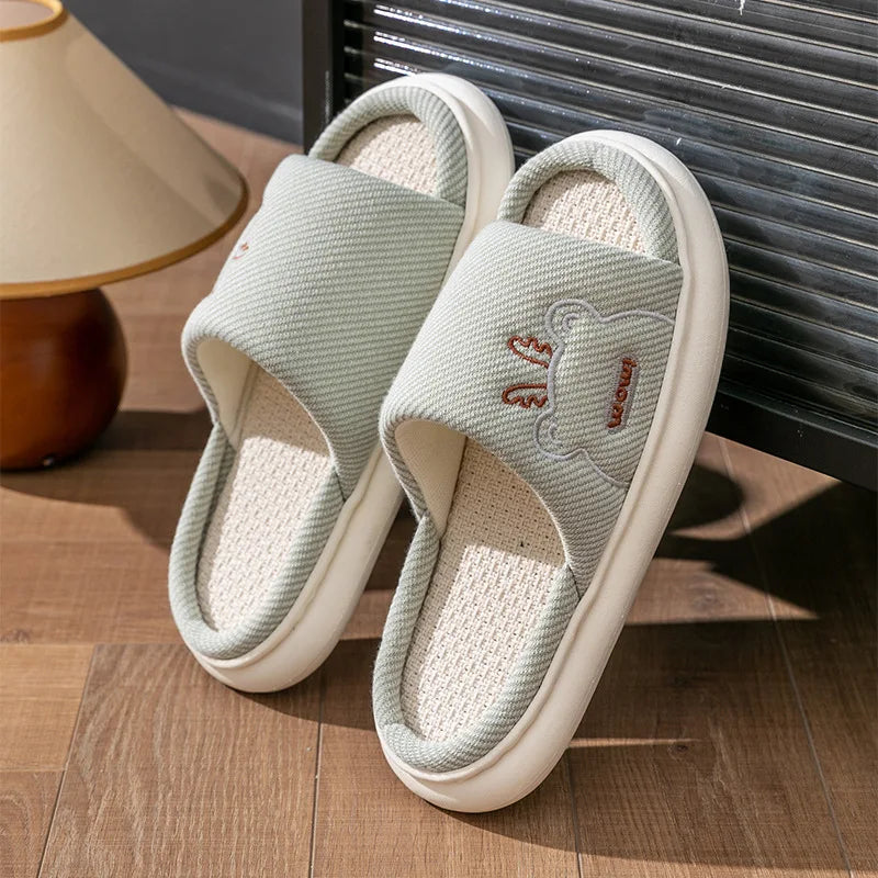 Hot Sale Women Linen Slippers Four Seasons Women Indoor Sandals Adults Cartoon Slides Couples Cute Breathable Home Shoes TG18