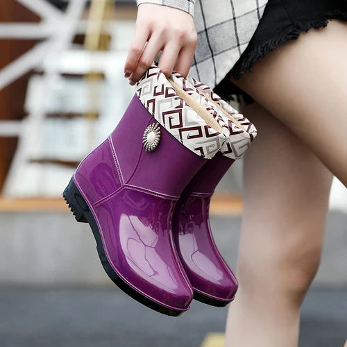 Rain boots for women, fashionable outdoor, waterproof anti-slip kitchen work rubber shoes with cotton warm rain boots for winter