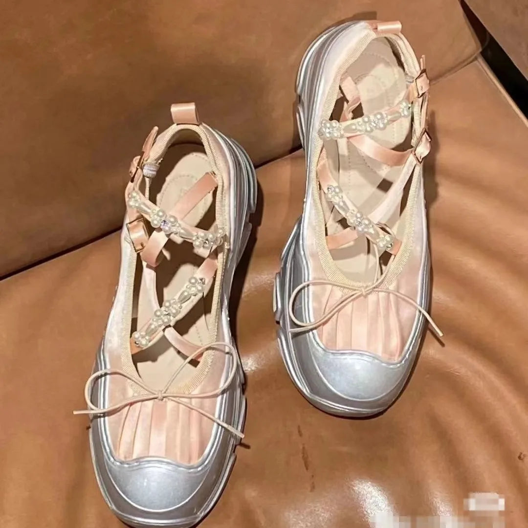 2023 spring and autumn women's low heels Korean style pearl chain party and work wear mary jane flats Ladies' casual boat shoes