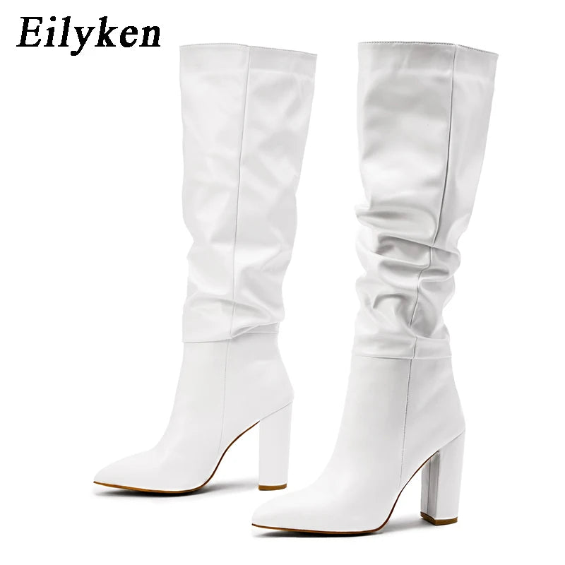 Fashion White Black Women Knee High Boots Sexy Pointed Toe Square Heels Ladies Long Slip On Female Shoes size 35-42