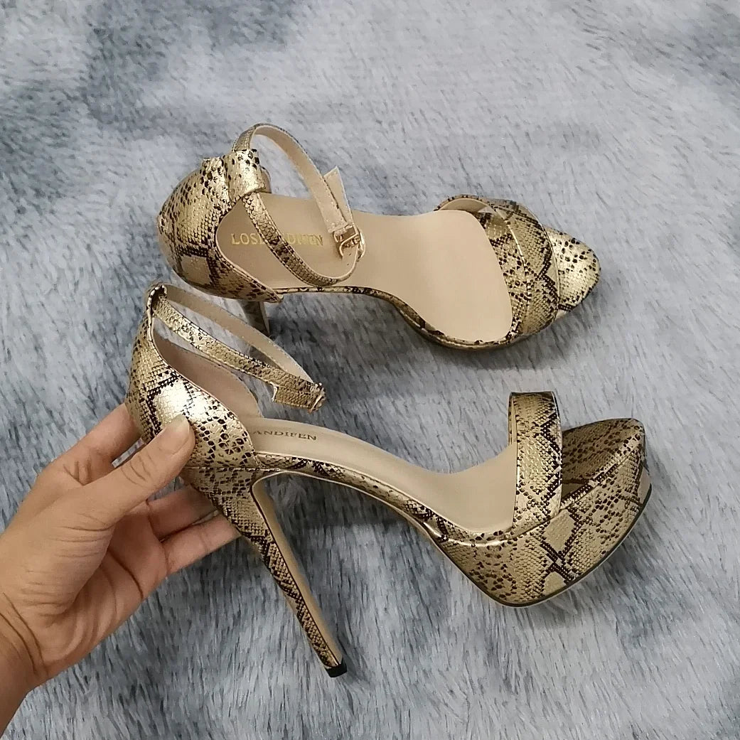 2025 New Women Sandals 14cm Supper High Heels Sexy Open Toes Buckle Strap Sandal Blue Heels Snake Pattern Platform Wedding Shoes
