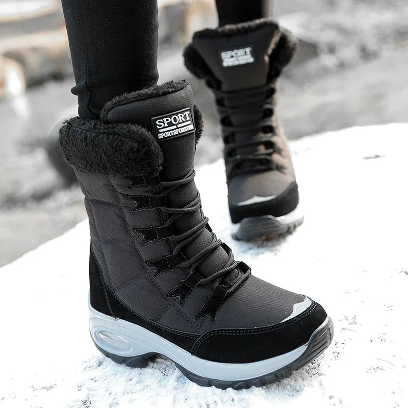 Bottes d'hiver à plateforme pour femme, chaussures chaudes, cuissardes hautes, bottes de neige d'extérieur pour femme, confortables, imperméables, en fourrure