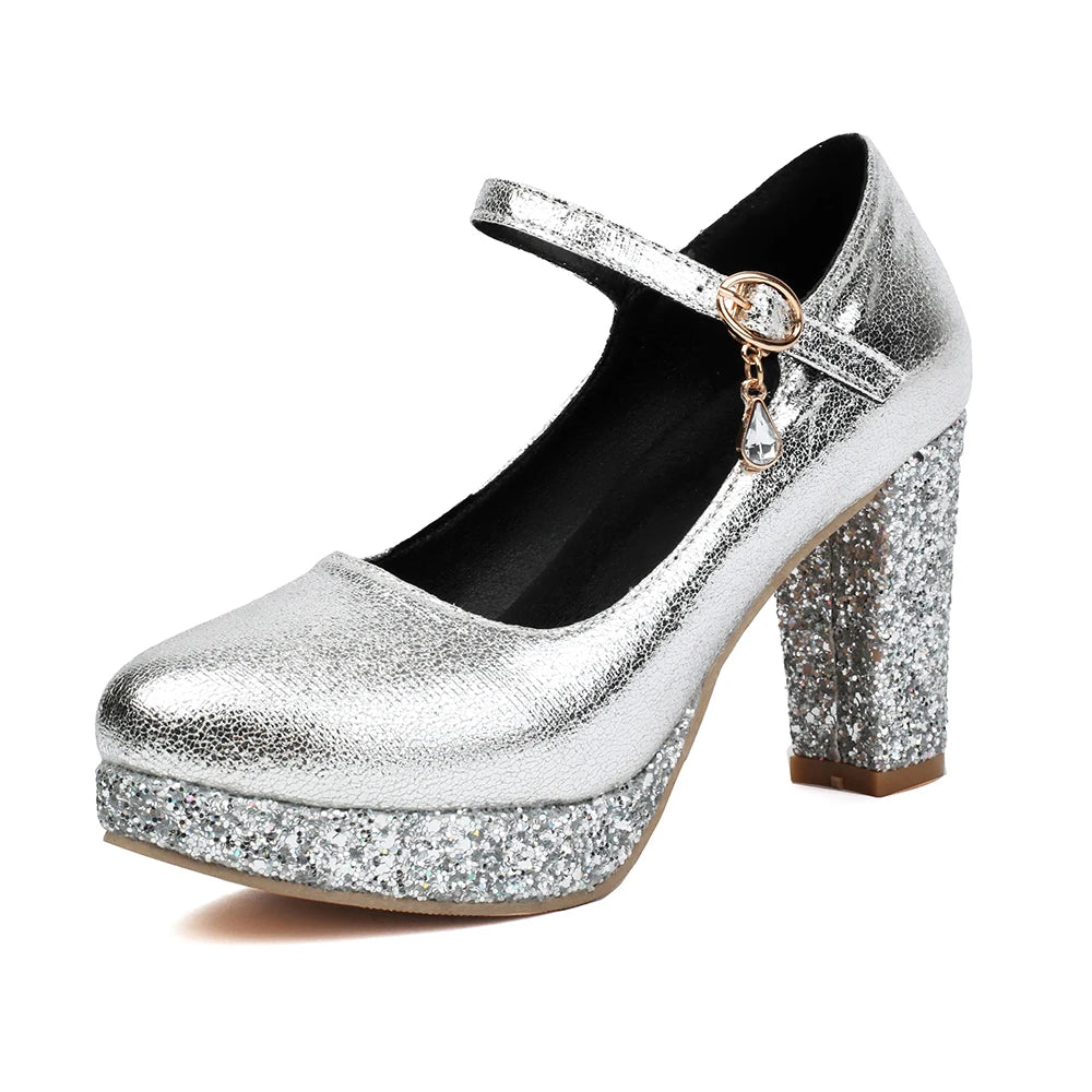 Luxury Sequined Red Silver Gold Women Platform Pumps 9cm Chunky Heels Female Wedding Party Buckle Strap Ladies Round Toe Shoes