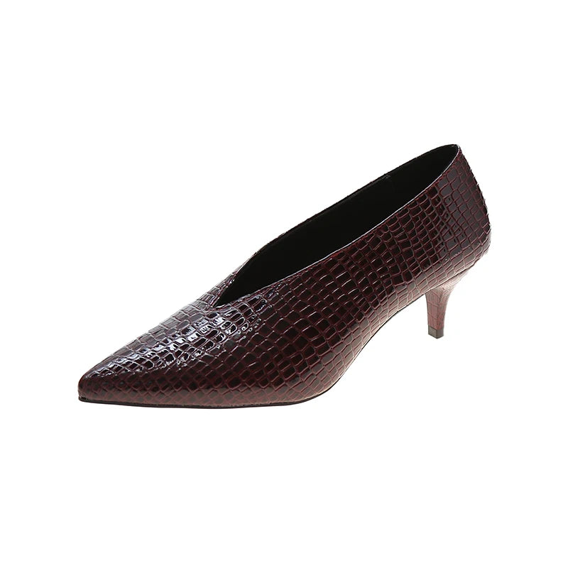 Pointy V-neck Patent-leather Single Women Shoes High Heels Spring Versatile Retro Chunky Single Shoes Zapatos De Mujer Black