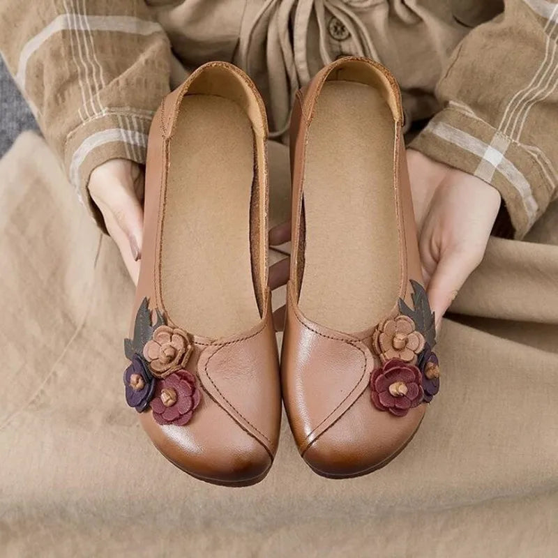 2023 Vintage Floral Ballet Flats Women's Genuine Leather Shallow Shoes Mom Driving Loafers Ladies Retro Cozy Moccasins Sneakers
