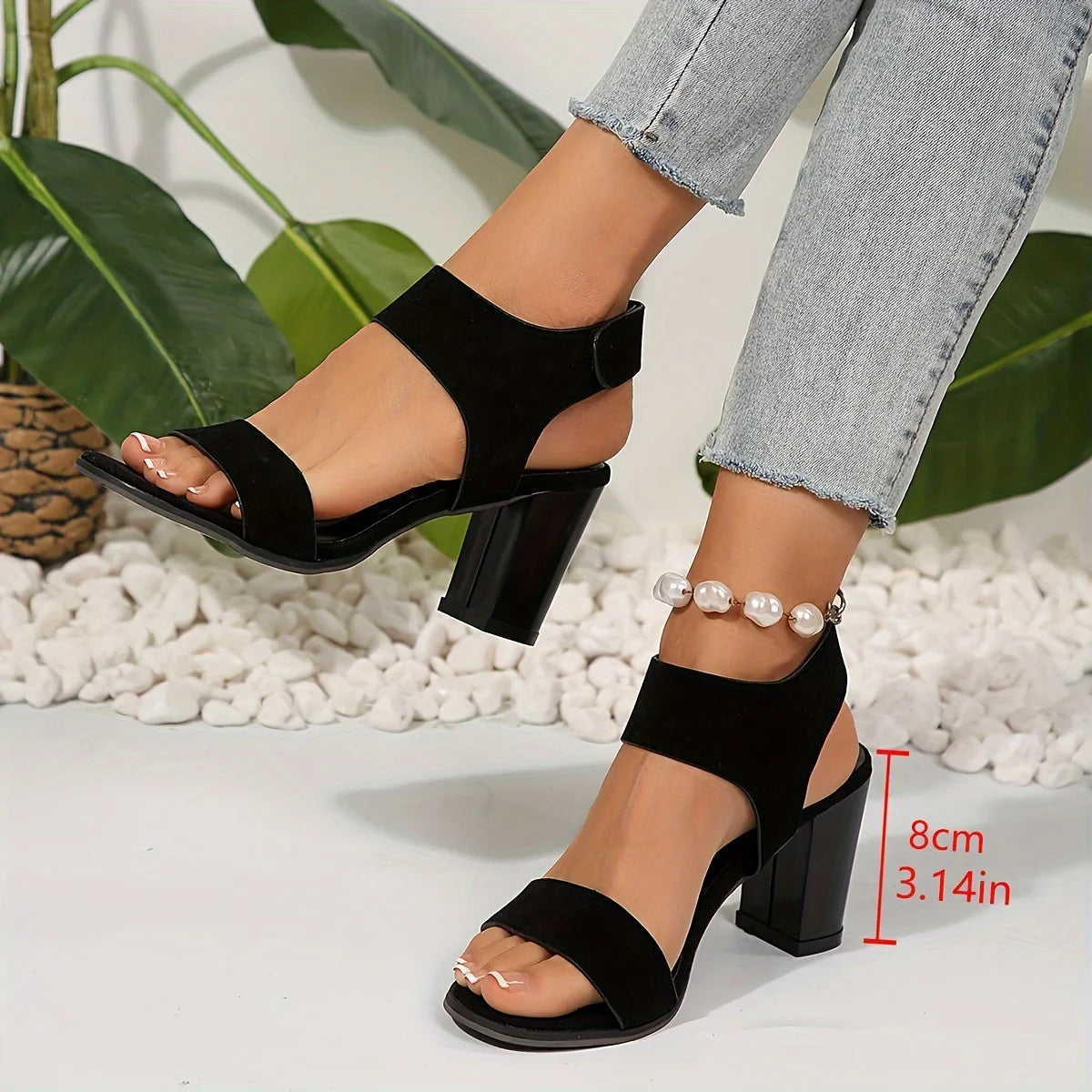 Women's Fashion High Heel Sandals, Black, Chunky Heel, Wide Strap, Magic Tape Closure, Breathable Fabric, Faux Leather Lining, R