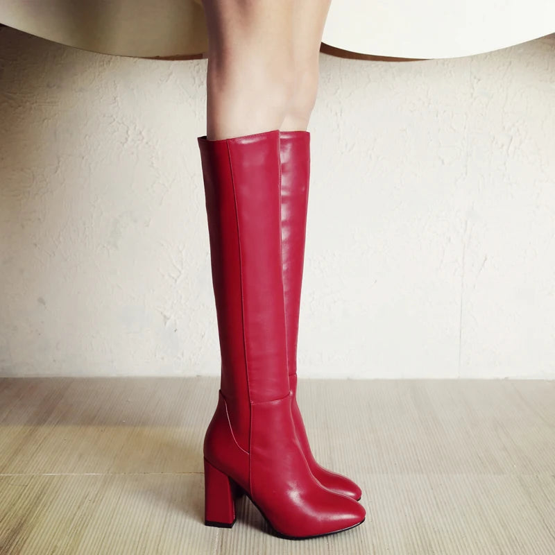 Fashion Red Winter Women's Knee High Boots PU Leather Block High Heels Tall Long Boot Female Zipper Ladies Shoes Black Elegant