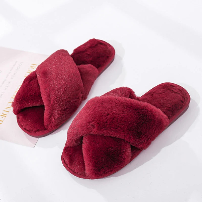 Winter Women House Slippers Faux Fur Fashion Warm Shoes Woman Slip on Flats Female Slides Black Pink cozy home furry slippers